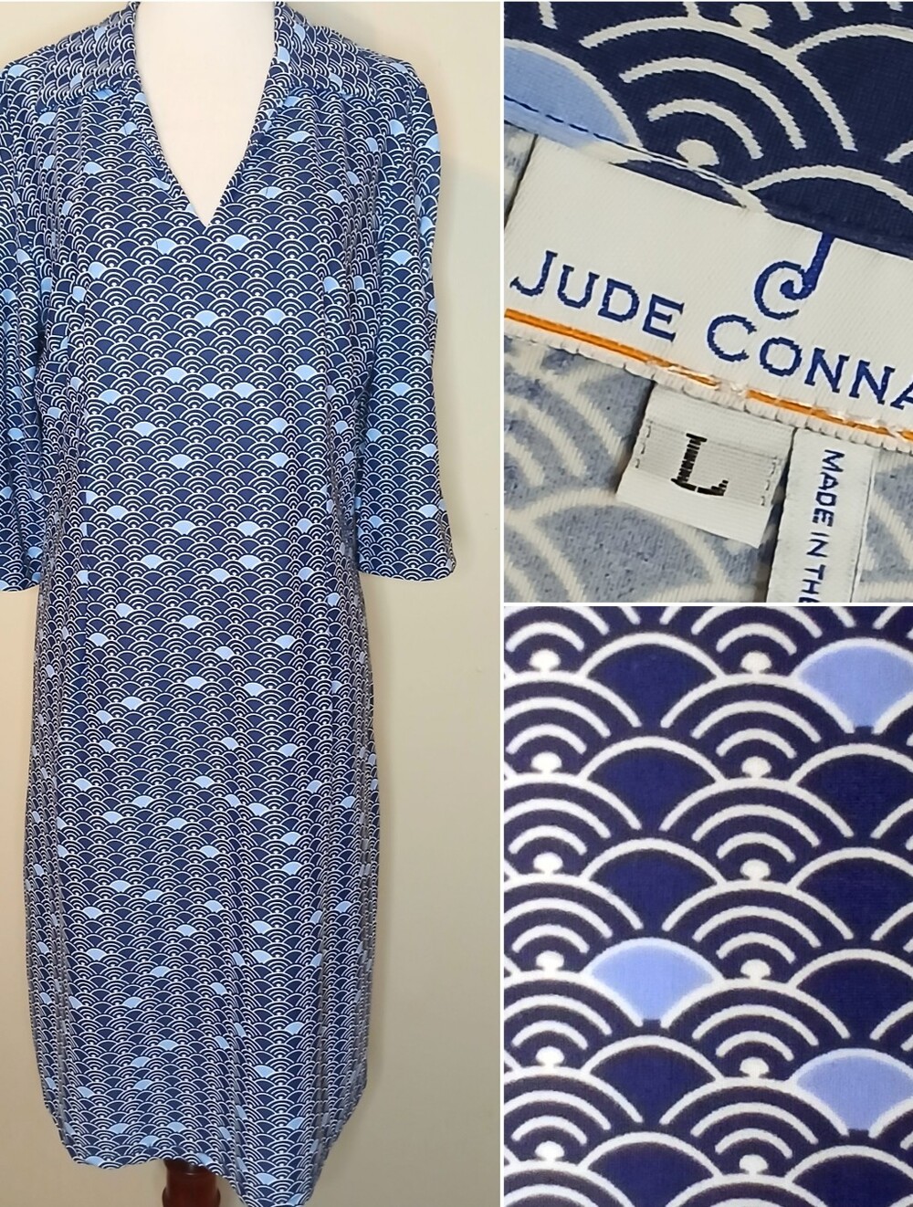 Jude Connally Sz L Shirt Dress Blue Navy Geometric Wave Print Comfort Stretch